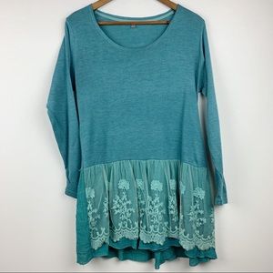 Bohemian Shirt Blouse Long Sleeve Lace Ruffle Peplum Scoop Neck Teal Green Blue